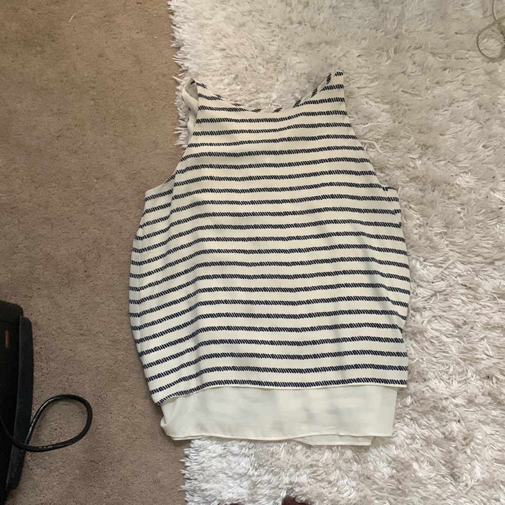 flowy, navy and white tank. open back.